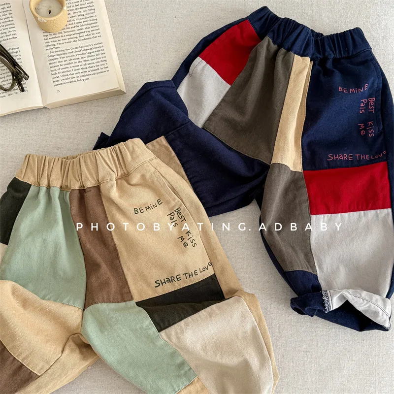 2026 Autumn New Children Casual Pants Fashion Patchwork Boys Harem Pants Letter Print Girls Loose Trousers Cotton Kids Clothes