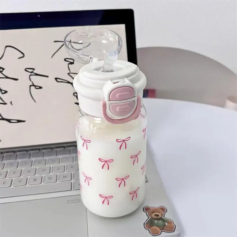 Bowknot Pattern Water Bottle, 1 Count 500ML Cute Water Bottle with Straw, Drinking Cup for Home Office School Outdoor, Tumbler