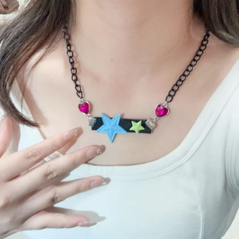 DIY accessories Star splicing leather necklace blue chain versatile niche design sense  Spice Girl style pendant sweater chain