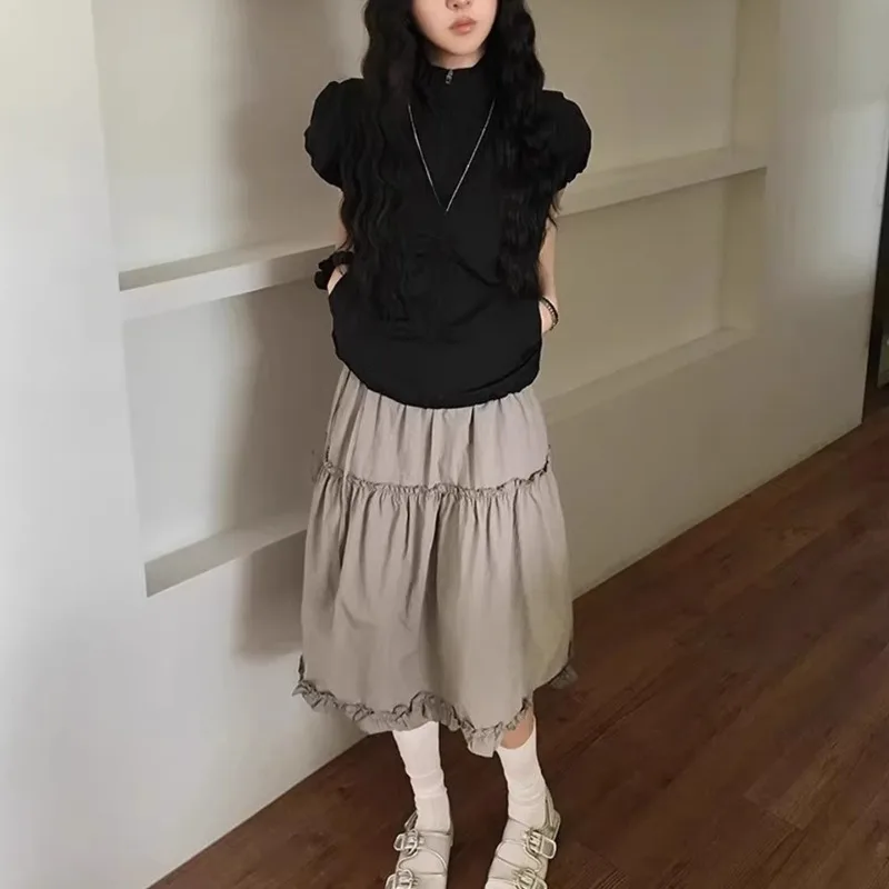 Sweet Ruffles Women Skirts Solid Spring Summer Elegant Vintage Long Skirt Korean Fashion A-line Versatile Faldas Mujer