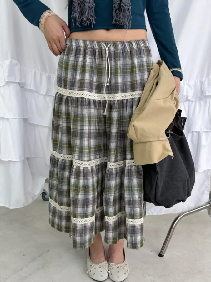 Chic Plaid Lace Half Skirt Women's Vintage Patchwork Belted School Street Style Spring Autumn Winter Regular Fit Online Exclu...