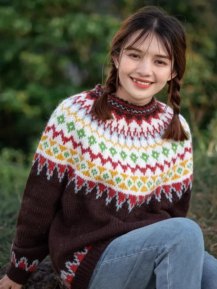 

102cm bust Fair Isle Pullover Sweaters Women Nordic Fashion Vintage Hand Knit Pure Handmade Thick Warm 100%Wool Sweater Jumper