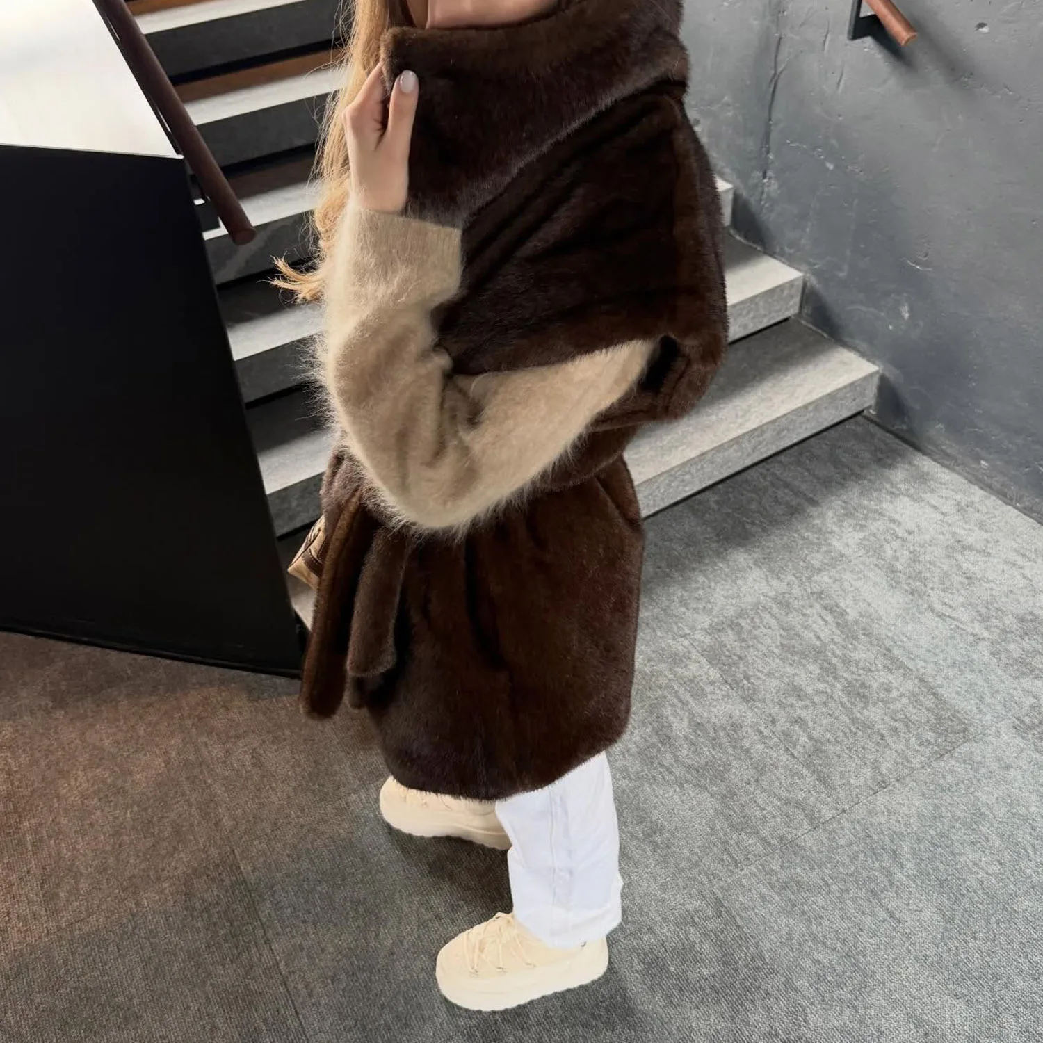 Women Faux Mink Fur Sleeveless Vest Large Lapel With Belt Mid Length Warm Luxury Faux Fur Waistcoat Winter Outerwear