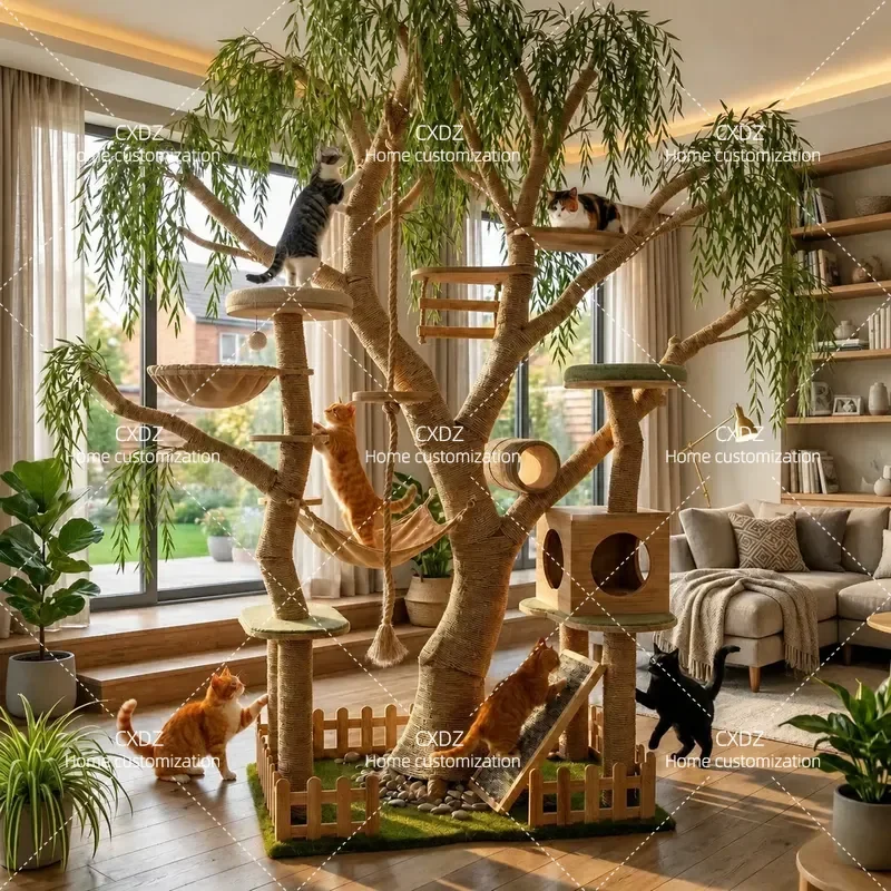 High End Solid Wood Cat Climbing Frame with Integrated Nest and Scratching Board Durable Multi Level Cat Tree Tower for