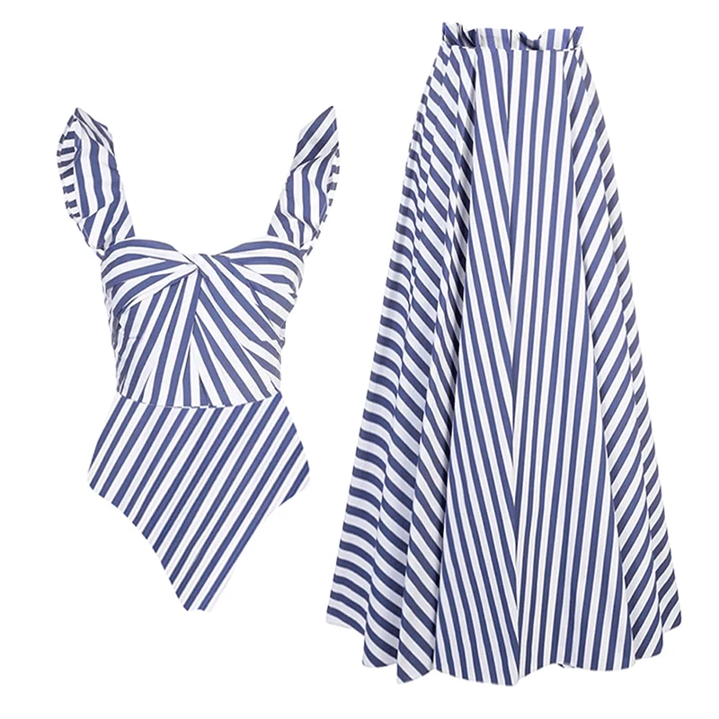 Sexy Swimwear Women Ruffle Striped Print One Piece Swimsuit V-neck Bathing Swimming Suit Female Summer Beachwear Bodysuit