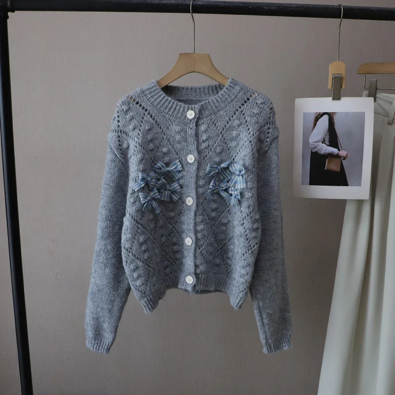 

Осень/зима 2022, новый короткий универсальный вязаный кардиган с круглым вырезом и бантом для женщин