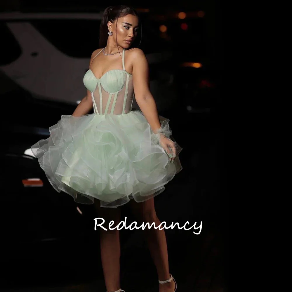 Redamancy Sage Green Birthday Outfits Women Tulle Spaghetti Straps Girls Prom Dresses Short Illusion Mini Dress Party Night Gown