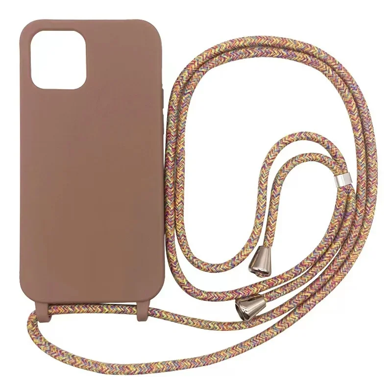 Matte Silicone Phone Case for IPhone 13 12 Mini 15 14 11 Plus 16 Pro Max Crossbody Lanyard Necklace Strap Candy Color Soft Cover