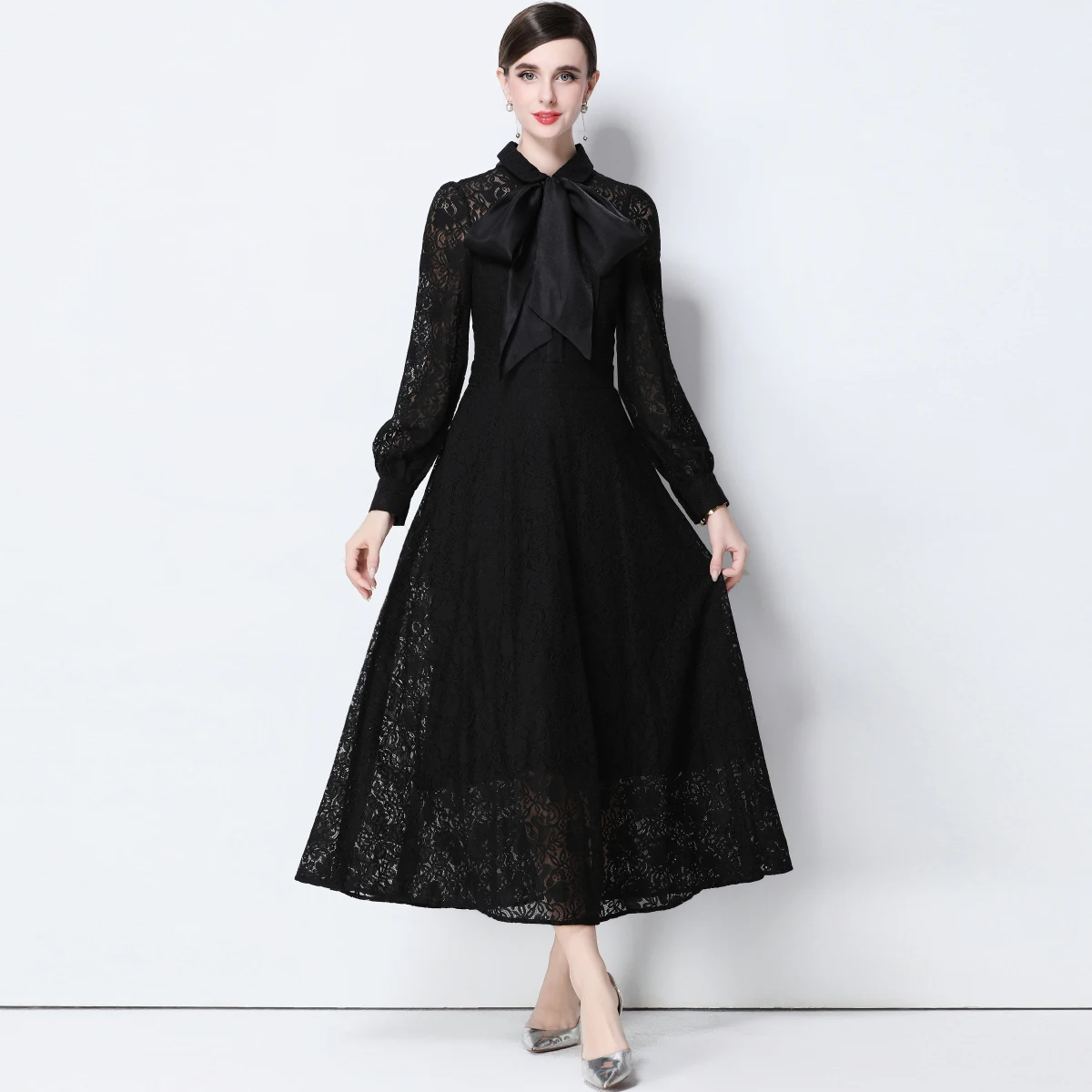 Vestido de fiesta bordado de encaje Vintage para mujer, vestido largo ajustado elegante de manga larga con cuello de lazo, ropa femenina de otoño