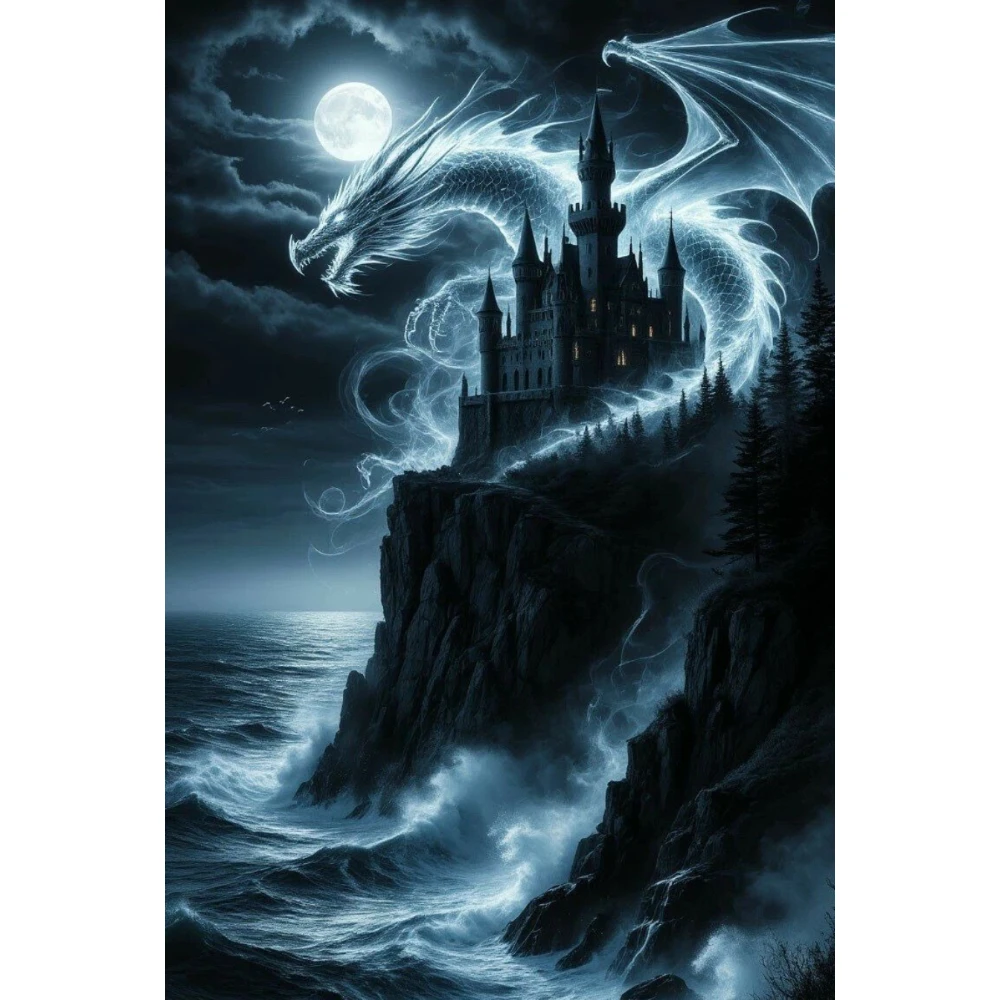Oil Painting By Number DIY Dragon and Castle Landscape Mystical Moonlit Canvas Art Wall Decor for Game Room or Living Room Gift