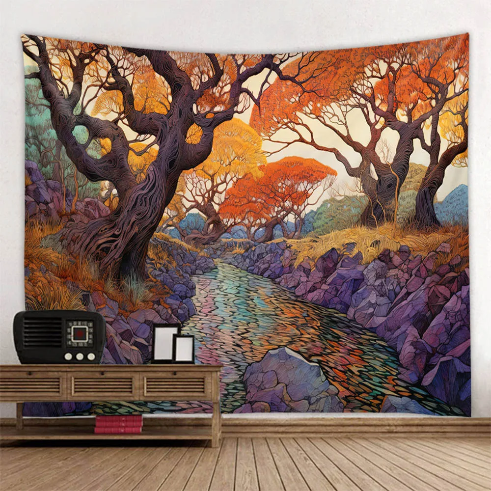 Vintage Landscape Forest Fabric Mural Tapestry Creative Wall Decoration Beach Mat Picnic Bed Sheet for Living Room Sofa