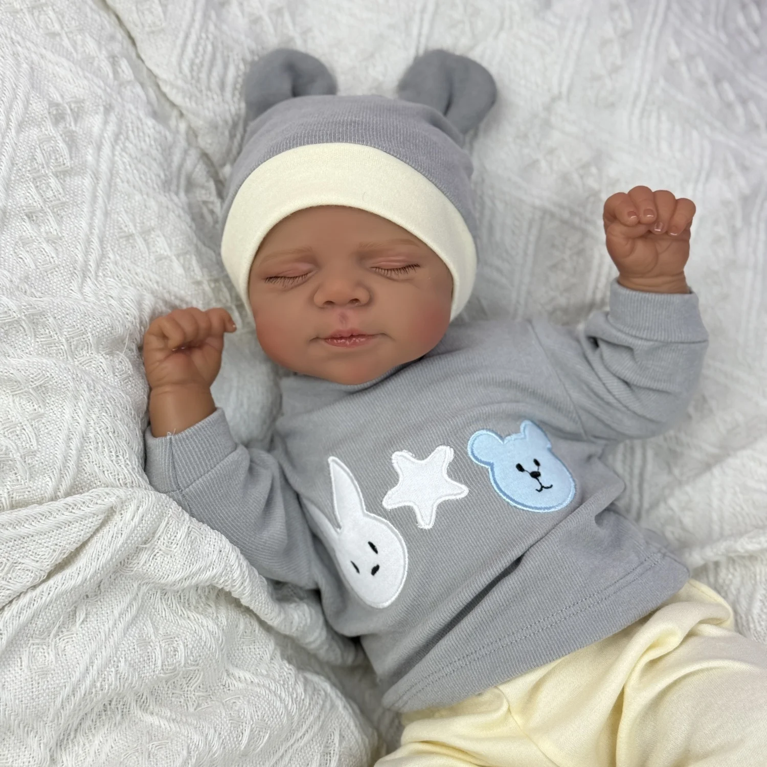 BZDOLL 19 Inch 48 CM Asleep Reborn Smile Baby Doll Toy Vinyl Limbs Cloth Body Lifelike Black Skin Doll Handmade Birthday Gift