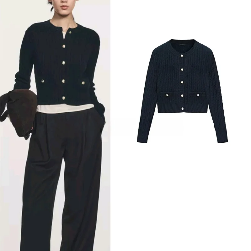 

Winter New Women's Knitted ort Open-front round Ne Twist Flower Sweater Casual Long Sve Polyester Fiber Girl's Cardigan