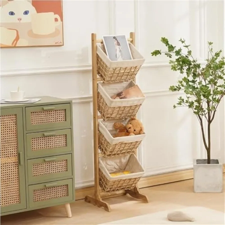 

Multi-Layer Rattan Hanging Basket, Paulownia Wood Floor-Standing Shelf, Bathroom Tiered Storage Tower, Free-Standing Home Organ
