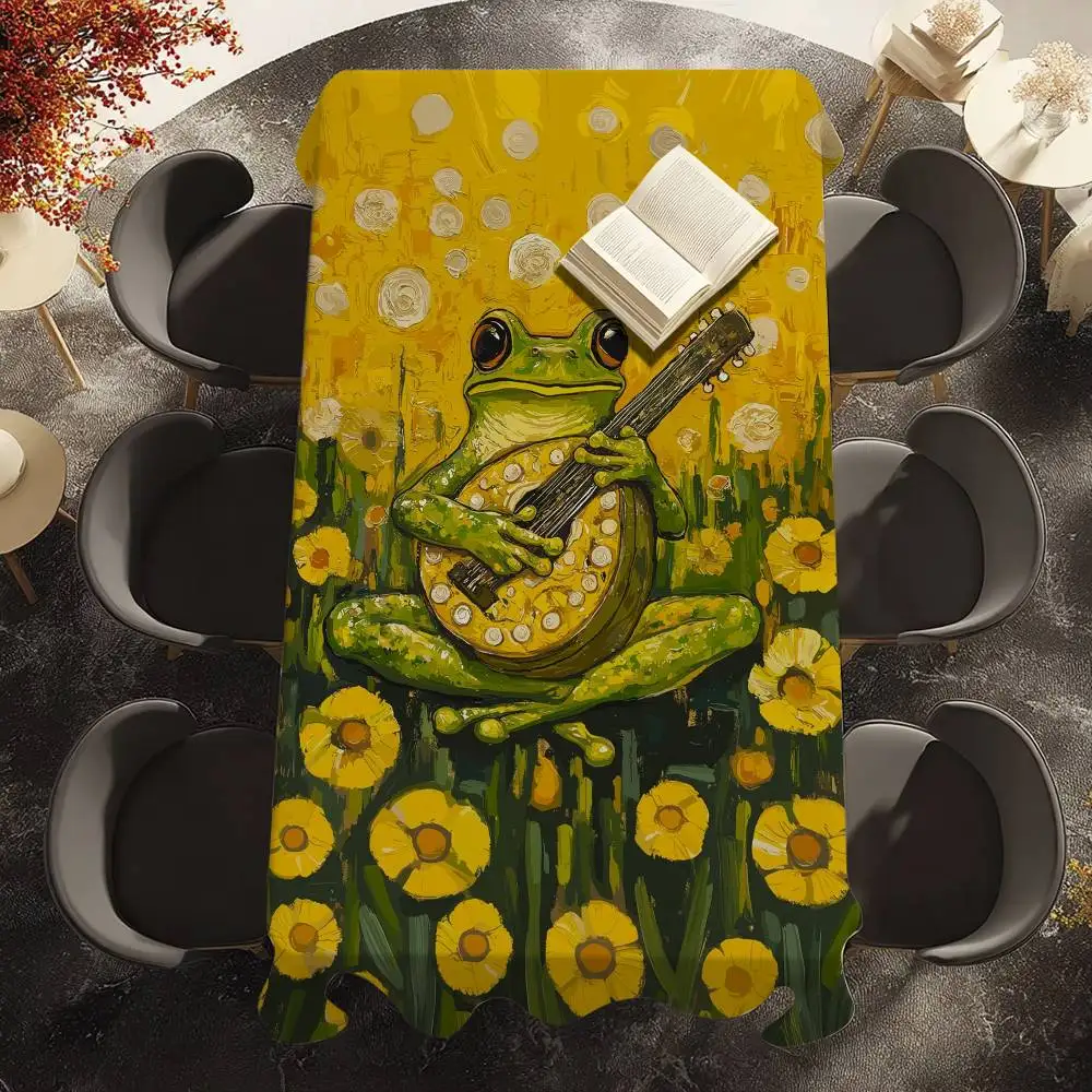 Frog Playing Guitar Table Cloth Waterproof Stain-Proof Polyester Table Cover for Decoration Dining Kitchen Party Tablecloth
