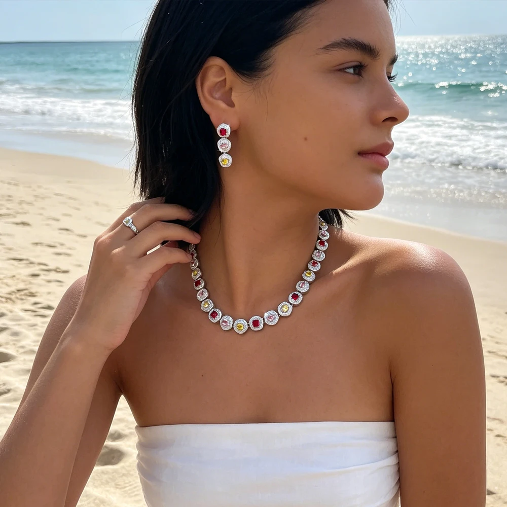 

Elegant Multi color Crystal and CZ Stone Earrings Necklace Jewelry Sets for Women Wedding Party Accessories Fashion Charm Gifts