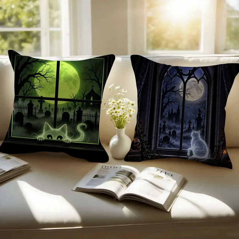 Hallowee Ghost Window View Cushion Cover Pillowcase Anti-dustmite Invisible Zipper Short Plush Sofa Cushion