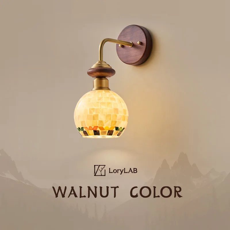 

Tiffany Sphere Shell Walnut Wood Brass, Modern Wabi-Sabi Vintage French, Wall Sconce Light for Living Room, Dining Room, Bedroom