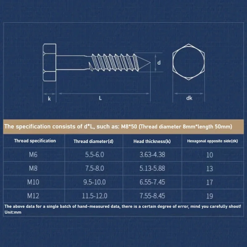 M6 M8 M10 M12 316 Stainless Steel Hexagon Head Self Tapping External Hexagon Head Tapping Woodworking Screw