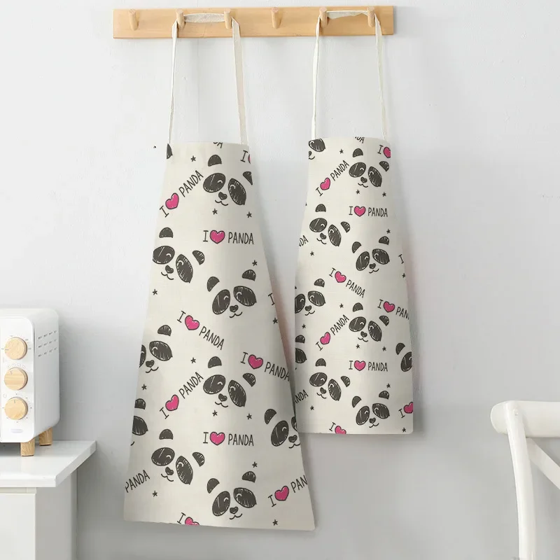 1Pcs Cute Panda Letter Kitchen Aprons For Women Cotton Linen Bibs Household Cleaning Pinafore Home Cooking Apron 55x68cm