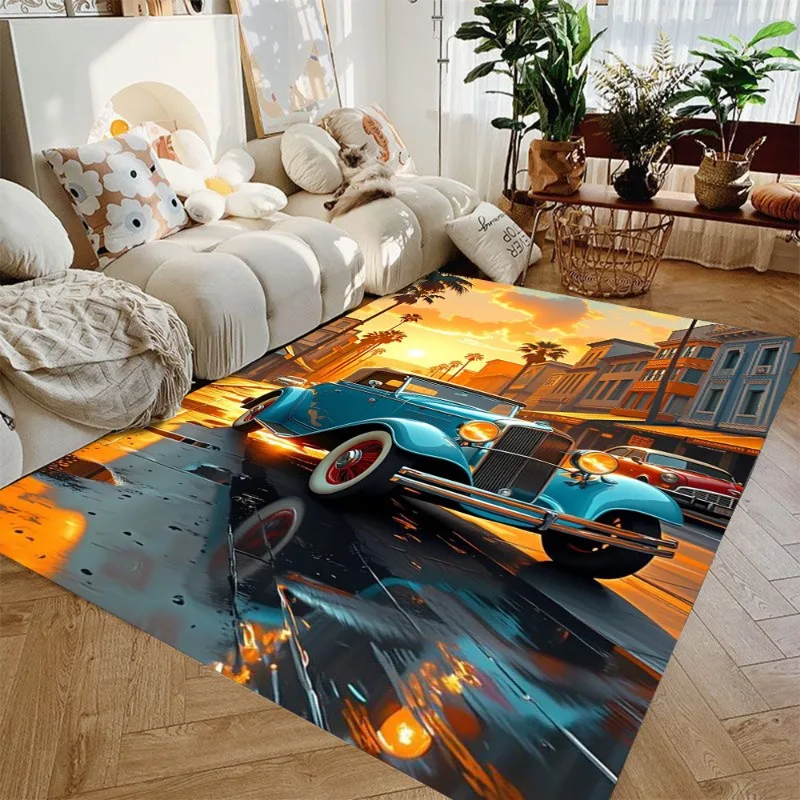 Colored Classic Car Mats Ink Painting Colorful Classic Racing Car Carpet Living Room Esports Room Garage Decor Non-slip Carpet