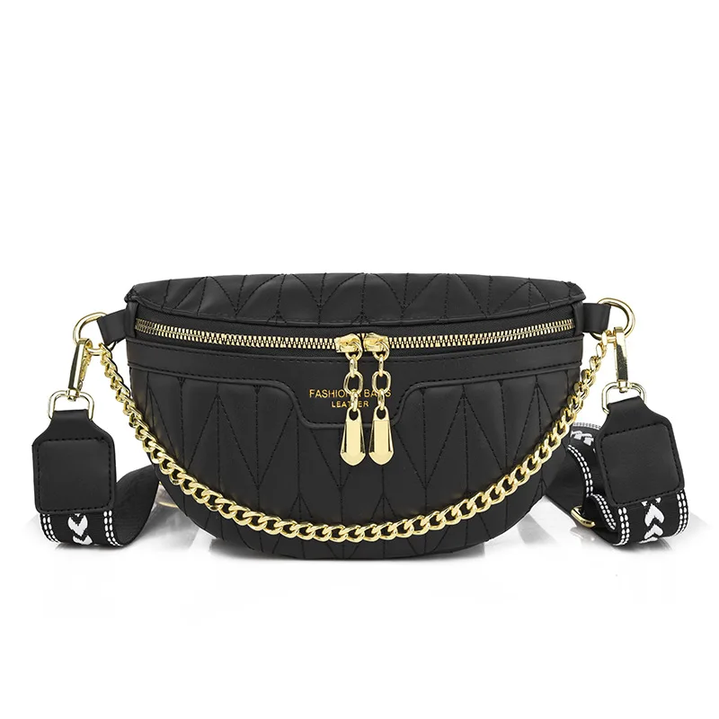 Elegante Diamant Gitter PU Taille Taschen Für Frauen Luxus Kette Zipper Fanny Pack Weiblichen Taille Pack Breiten Gurt Crossbody Brust tasche