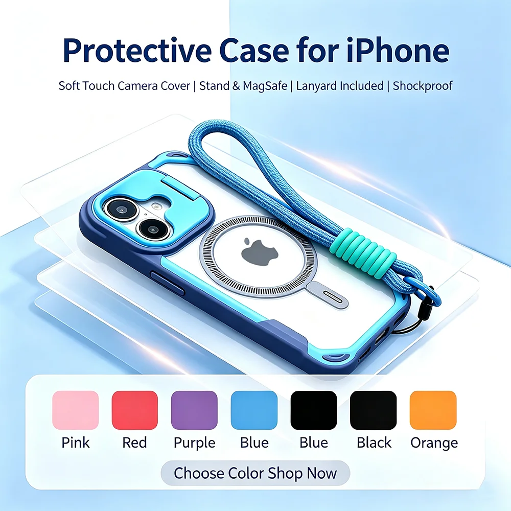 Phone case for all iPhone 11-17 series models with a soft-touch lens cover, magnetic stand, and lanyard.12 13 14 15 16