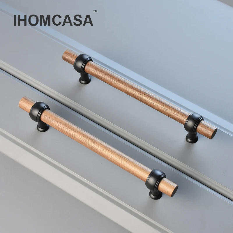 IHOMCASA Walnut/Beech Wooden Closet Furniture Handles Kitchen Shoe Cabinet Drawer Door Knobs Gold/Black Dresser Wardrobes Pulls