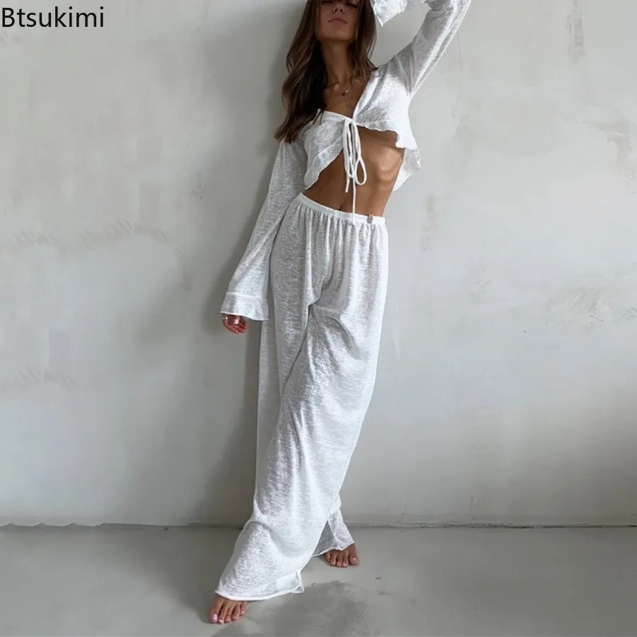 

New 2025 Summer Women's Loose Casual Long Sleeved Pants Set Soft Comfortable Fashion Home Clothes Solid Color Basic Pajamas Set
