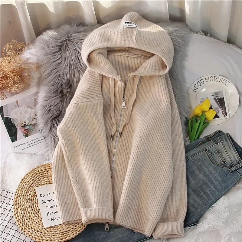 2024 Autumn And Winter New Clothing Fashion Thick Solid Color Hooded Cardigan Zipper Coat Sweater Women\'s Loose Top Thickened