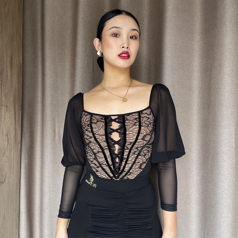 

Black Mesh Sleeves Ballroom Dance Top Women Latin Dance Training Tops Adults Latin Dance Tops Modern Dancing Wear SL14483