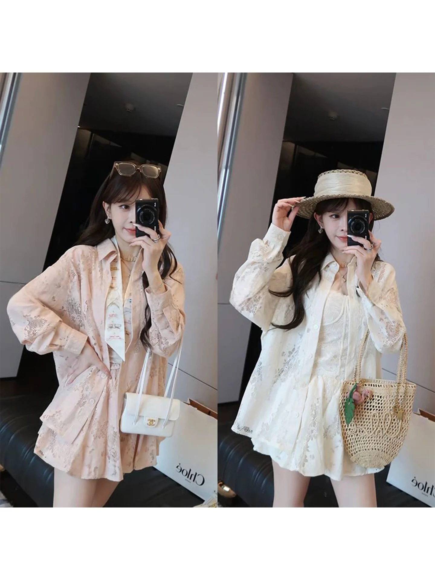 

Elegant Hollow out Shirt Skirt Set Women's Summer Fashion Ensemble Breathable Lightweight Cotton Nylon Loose Fit French Style