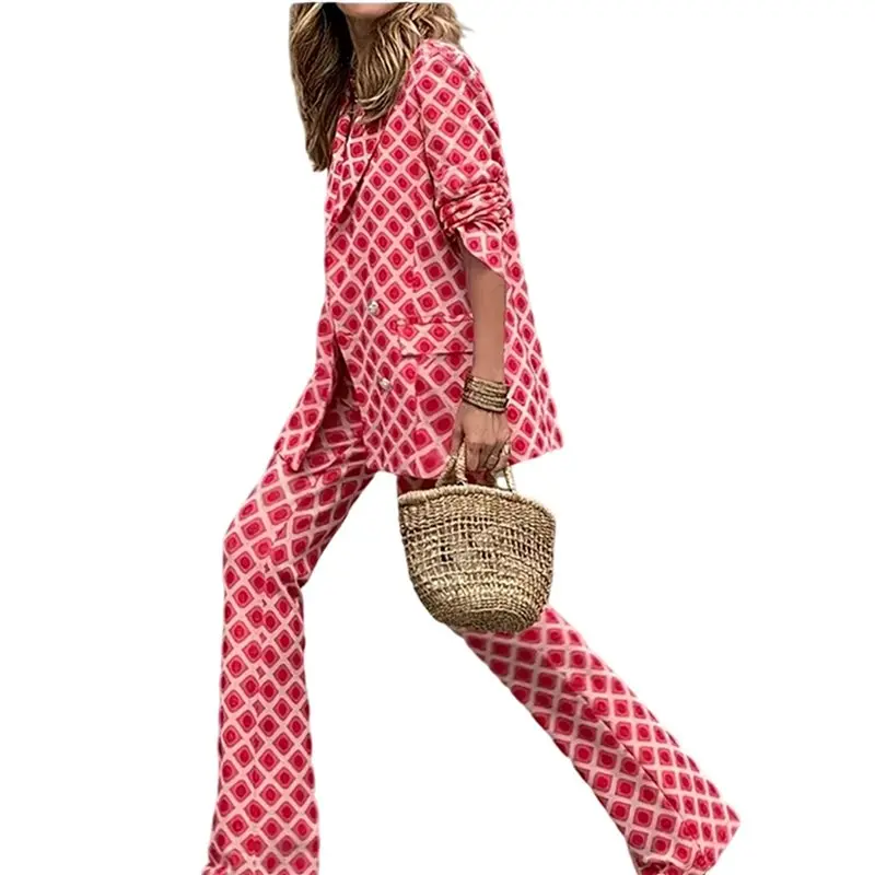 ABRT-Women's 2 PCS Printed Double-Breasted Blazer Jackets Bodycon Pants Cocktail Party Outfits Tracksuit Sweatsuit Set