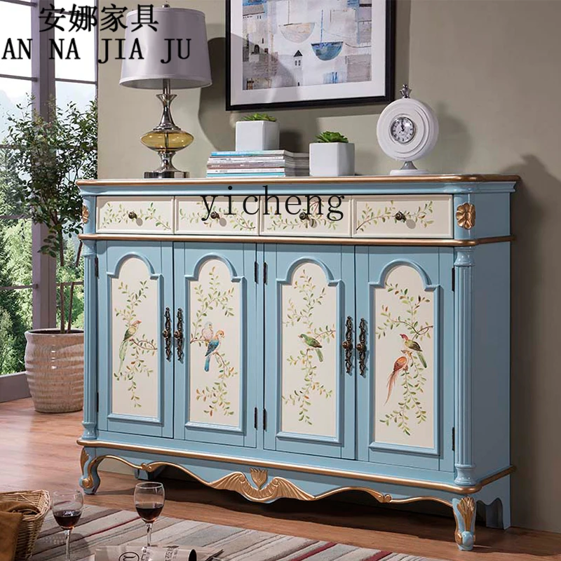 ZC Vintage Painted Blue Shoe Cabinet Hand Painted Living Room Storage Large Capacity Multi-Layer Dining Edge