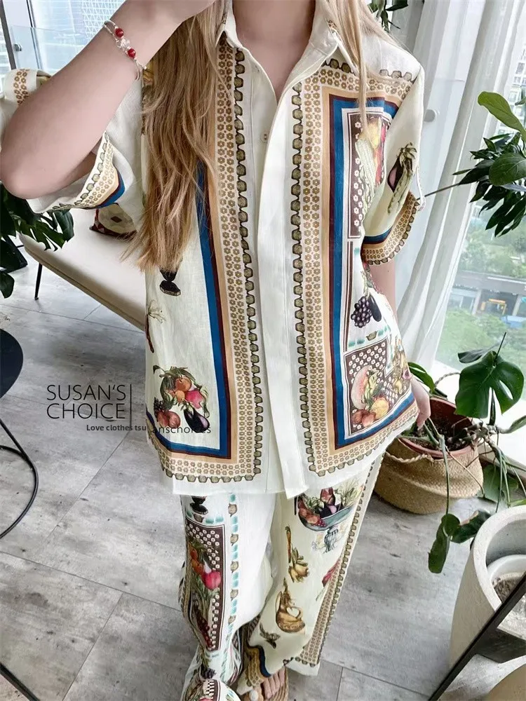 

Susan Australian Small Faion Льняной комплект с фруктами и овощами, свободные широкие брюки и юбка, повседневный дышащий комплект...