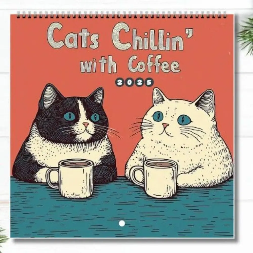 Gato design gatos e café calendário de parede pendurado dos desenhos animados encantador gato calendário bonito 2025 calendário de parede planejador organizador