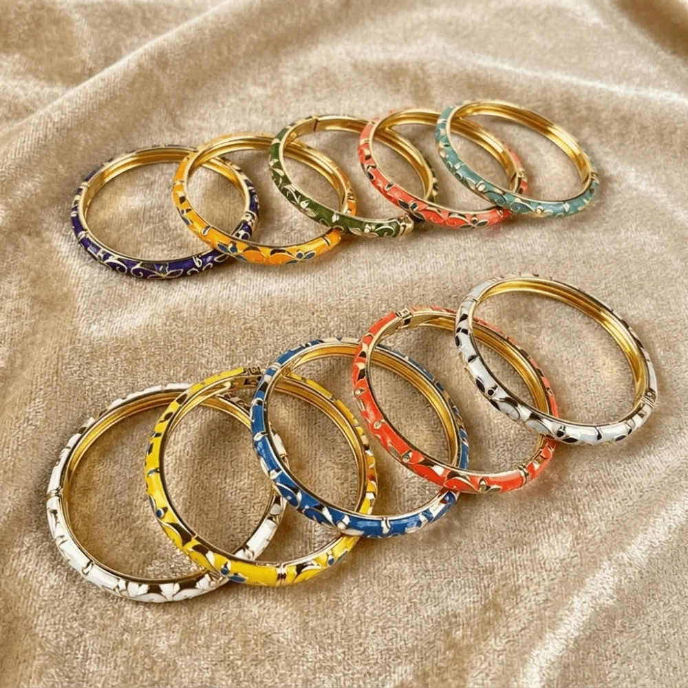 Dainty Colorful Vintage Cloisonne Bangle Enamel Chinese Flower Bangle Ethnic Open Cuff Women's Hand Bracelet Girls