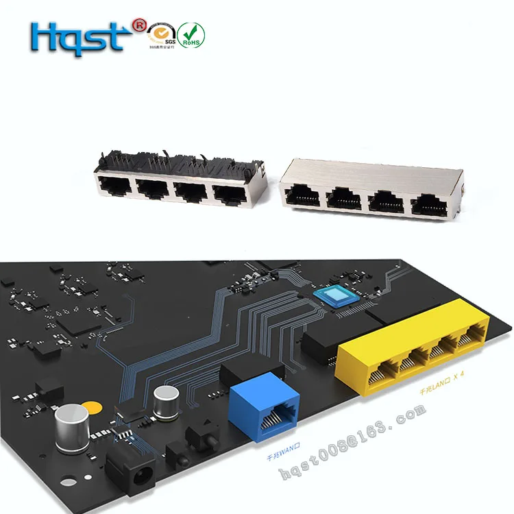 Connector 1*4 Port RJ45 konektor dilindungi dan unlit 90 derajat
