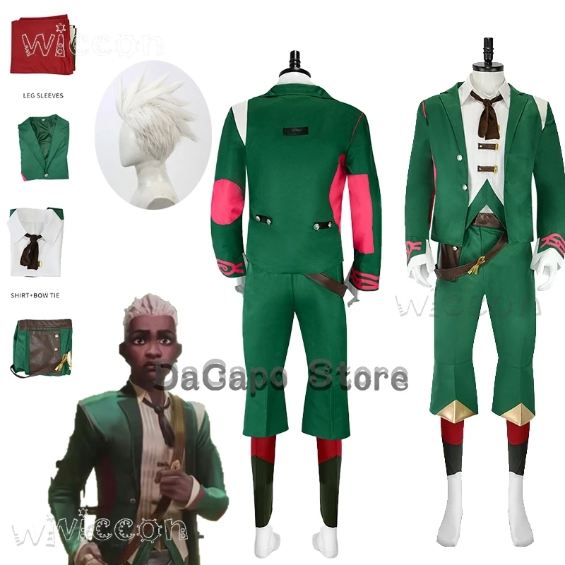 Arcane S2 Ekko Cosplay Costume Wig Green Suit Pants Vest Green Dancing Outfit Halloween Party Anime LOL Mens Roleplay Clothes