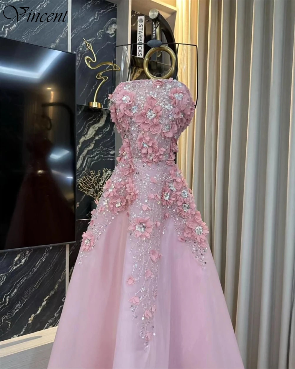 Customized Exquisite Strapless Lace Party Dresses with Sparkly Sequined Simple Pink Organza Prom Gown Lace Up Back Evening Dress image 2