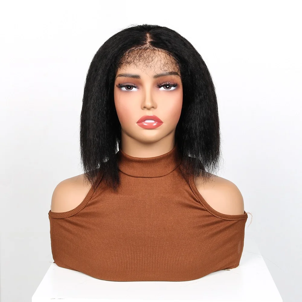 Perruque Bob Lace Front Wig sans colle naturelle, cheveux lisses, Yaki, 6x4, pre-cut, avec nœuds colorés