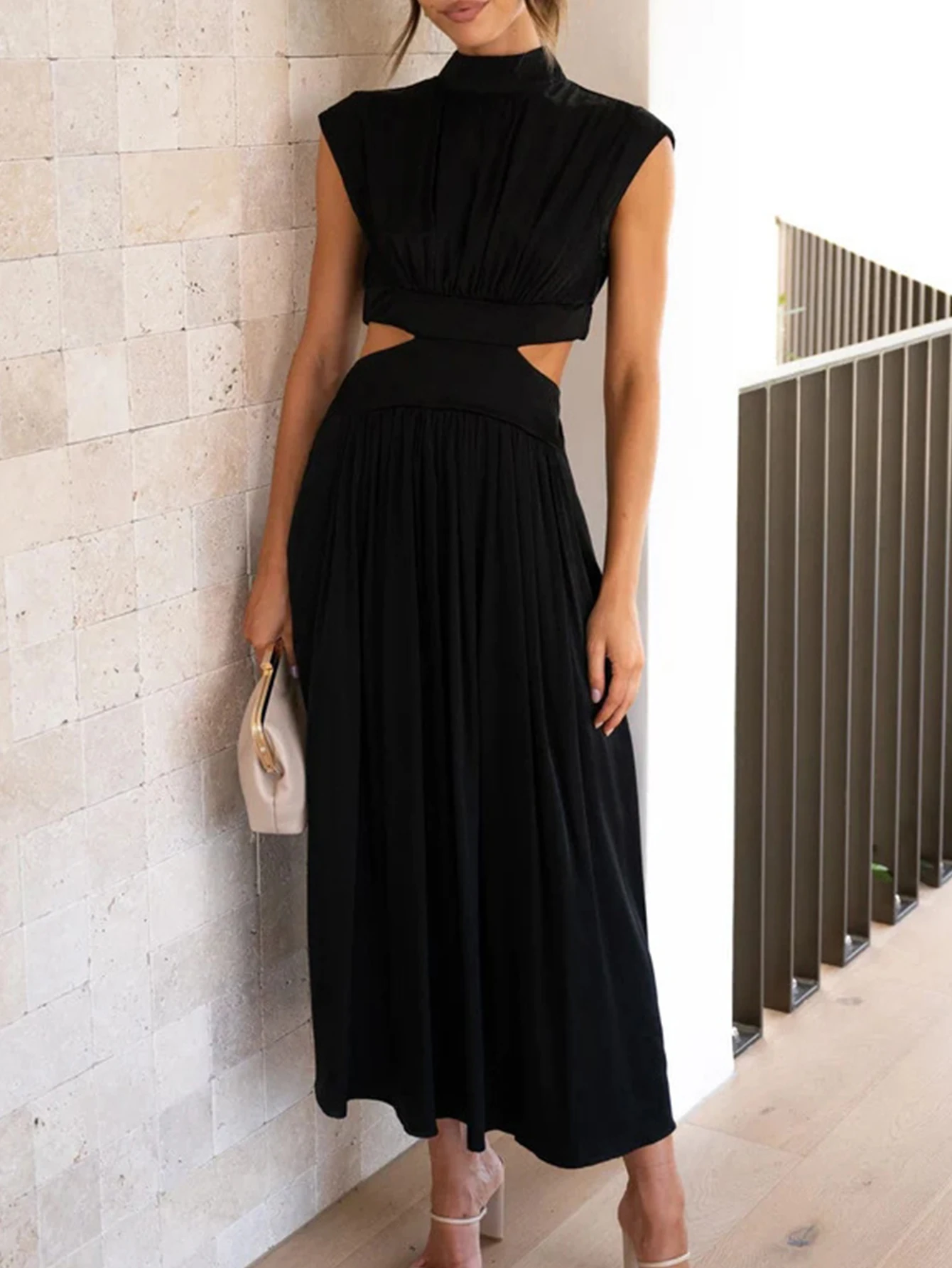 Vestidos largos de otoño para mujer, corte entallado, Color sólido, manga casquillo, cuello levantado, vestido midi de cambio para vacaciones