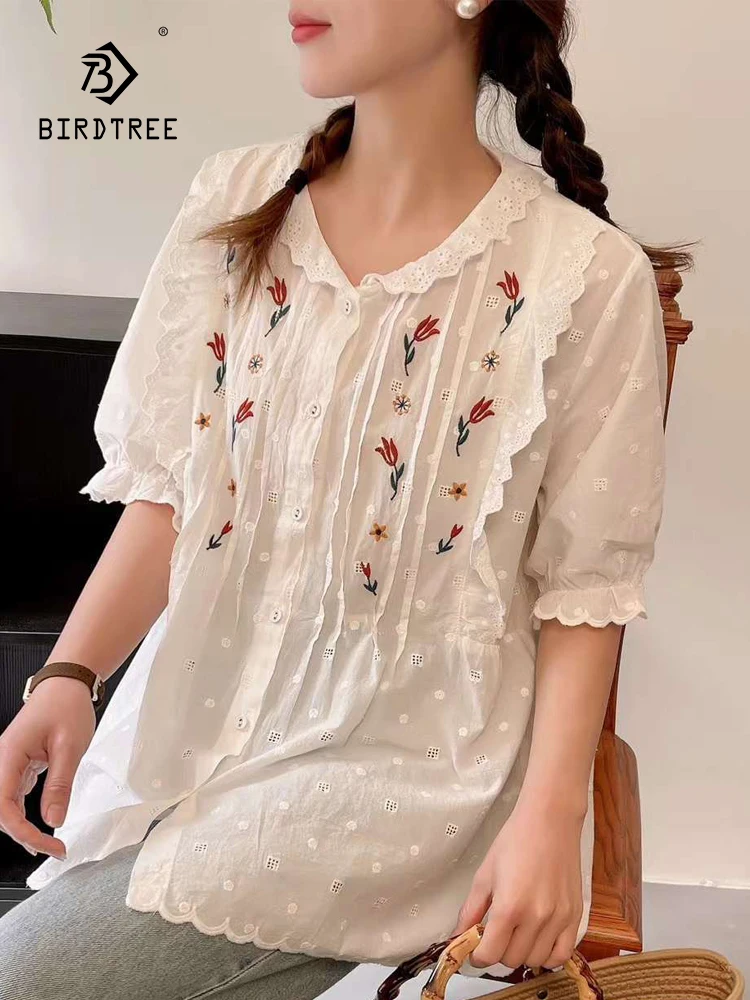 

New Spring Cotton Embroidery Shirt Women Lapel Short Sleeve Literature Top Girl Loose Fold Vintage Blouses 2024 Autumn T455110QC