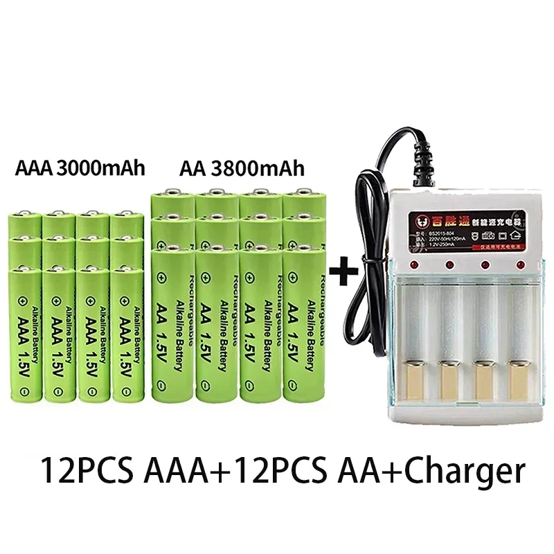 100% Original 1.5V AA3800mAh+AAA3000mAh Rechargeable Battery NI-MH 1.5V Battery for Clocks Mice Computers Toys So on + Charger