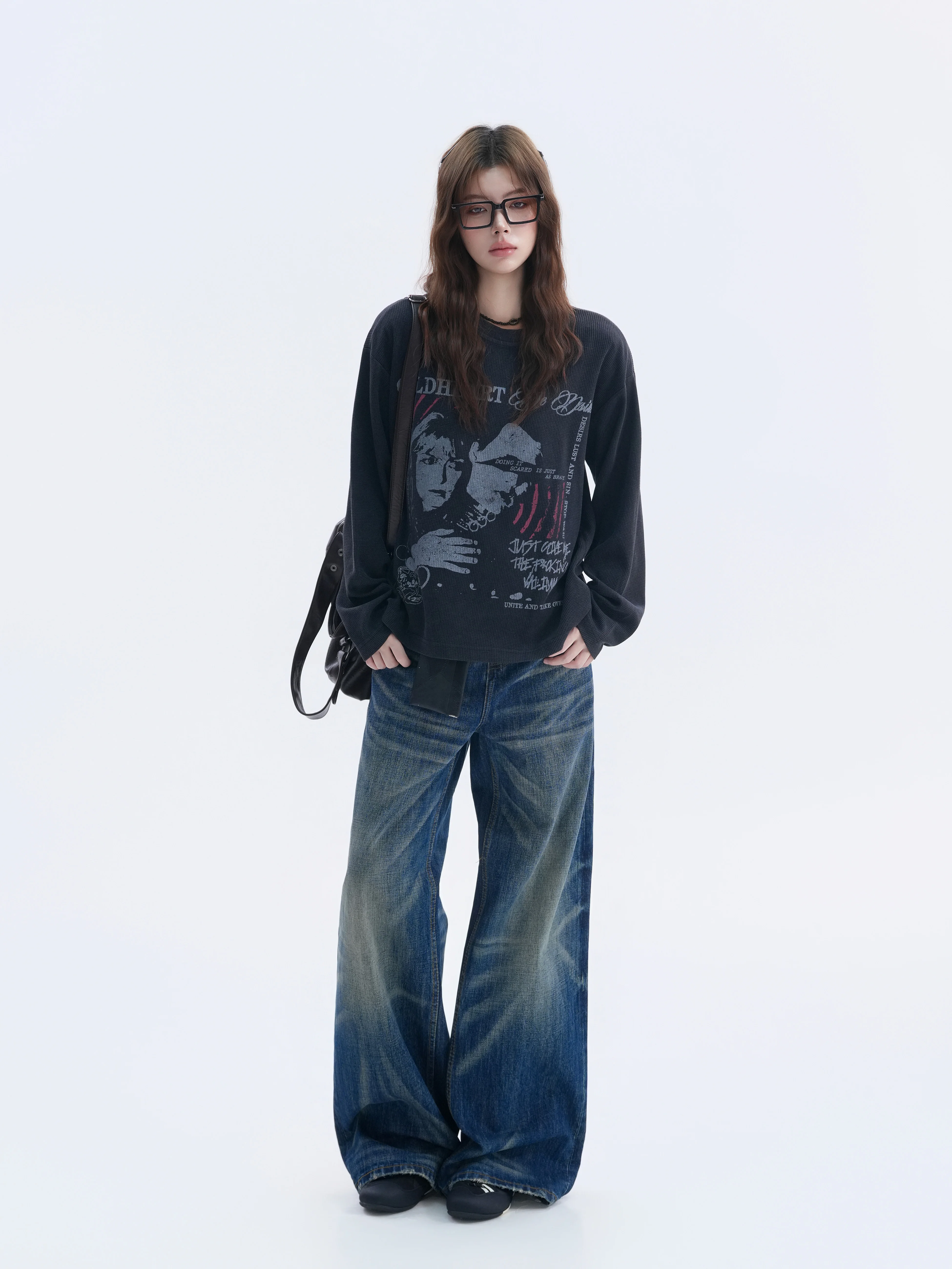 Slimming Effectiveness Autumnal Retro Printed Portrait round Neck Long Sleeve Women's Lightweight Base Shirt Casual Style Cot...