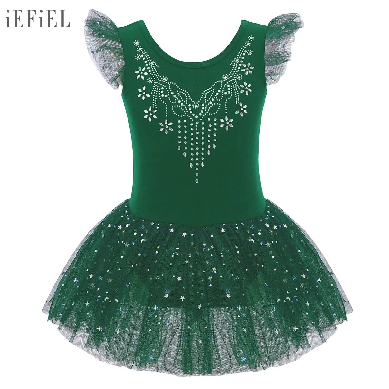 

Kids Girl Ballet Dance Dress Ruffle Sleeves Bow Back Shiny Rhinestones Bodice Sequins Tulle Dress with Built-in Briefs Dancewear