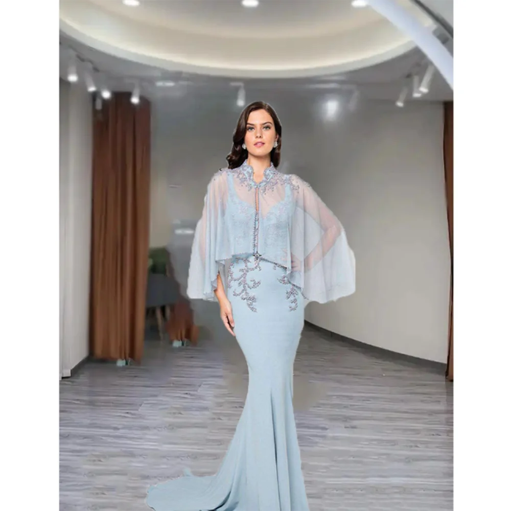 Gorgeous Light Blue Mother of the Bride Dresses Sweetheart Floor Length Trumpet Spaghetti Strap Beaded Pretty Women Banquet