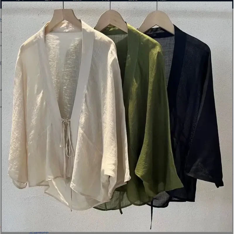 

2025 summer high-end advanced sense thin cotton linen cardigan pure color lacing sunscreen cardigan vintage chinese style shawl