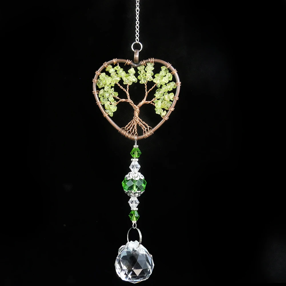Muy Bien Natural Green Dongling Gravel Tree of Life Crystal Pendant Quartz Gemstone Reiki Energy Car Hanging Ornament Home Decor
