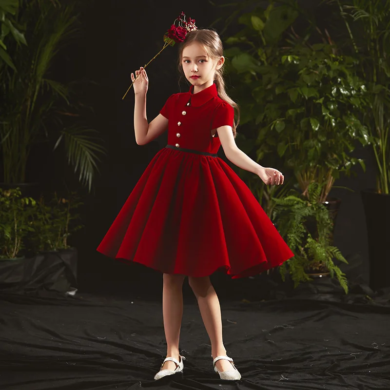 Children's Dress Spring Girls' Princess Dress Piano Grading Performance Costume Little Girl Red Host Birthday Banquet Children's